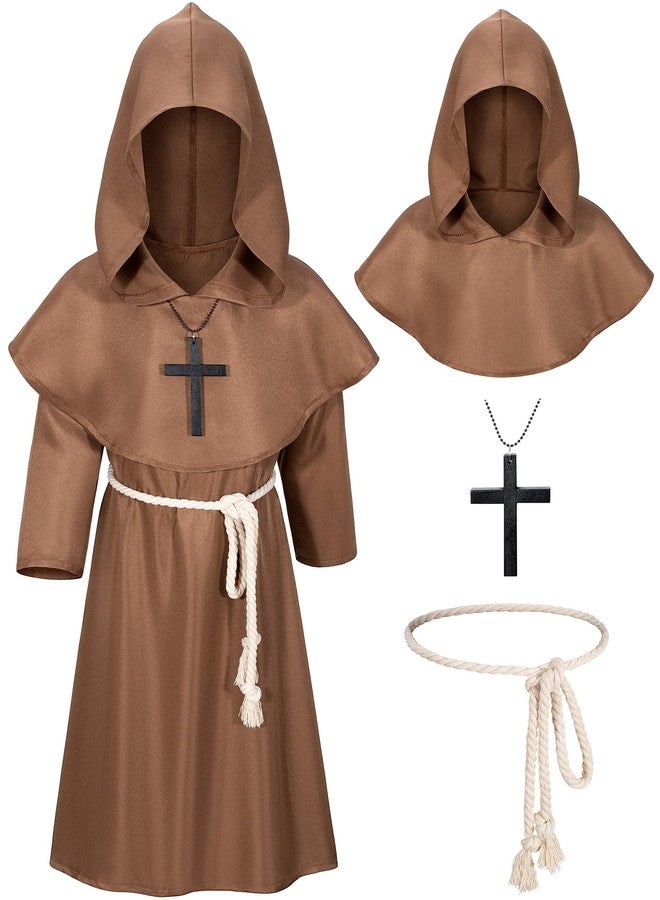 Irtysh Kids Medieval Renaissance Monk Costume Priest Friar Wizard Cloak Hooded Robe Cosplay Costume Belt Necklace Set(BW 150) - Image 1
